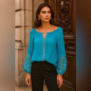 T Tahari Blue Beckett Blouse with Embroidered Sleeves Size Small